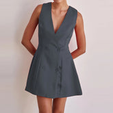LIZAKOSHT - Casual high waisted A-line summer new dress, simple solid color slim fit women's short skirt V-neck sleeveless commuting dress