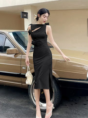 LIZAKOSHT - Elegant Dress for Women Chinese Style Flower Party Split Dress Vintage Office Lady Sheath Slim Fit New Summer Bodycon Dress