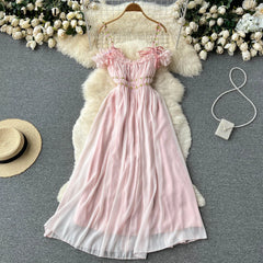 LIZAKOSHT - Temperament Sweet V-Neck Pleated 100 Pleated Chiffon Dress Women's Summer Gentle and Fashionable Holiday Fairy Dress
