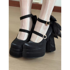 LIZAKOSHT - 2026 Big Size 42 Sweet Butterfly knot Ankle Strap Party Pumps Y2K Black Platform Shoes Cute Lolita Super High Square Heels Pumps