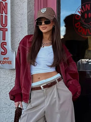 LIZAKOSHT  -  Solid Patchwork Cropped Coat Women Lapel Long Sleeve Loose Zipper Pockets Jacket Fashion Autumn Lady Casual Street Outerwear