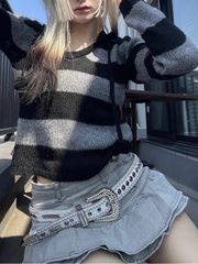 LIZAKOSHT - Vintage Women Hem Cascade Ruffles Skirts Y2K Cool Girl Gray Denim Ultra Low Waist Mini Skirts