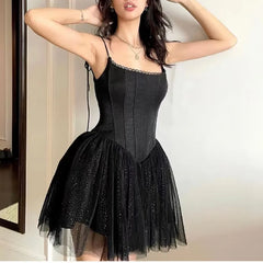 LIZAKOSHT - Slim Low Waist Party Skater Bow Lacing up Sling Robe Party Sexy Women Black Bling Spliced Mesh Bra Corset style Mini Dress