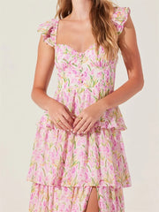 LIZAKOSHT - Women's Floral Dress Stylish Multi-Layered Ruffles Split Cap Sleeve Long A-Line Dress Summer
