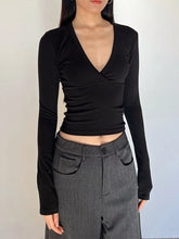 LIZAKOSHT - Cross V-neck Long Sleeve T-shirts Woman Autumn Cotton Slim Crop Top Female Casual Simple Solid All-match Basic Tshirts Y2k Tops