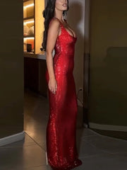 LIZAKOSHT - Sequin Strap Slip Dress Red Sparkling Backless Halter Slim Fit French Luxury Socialite Evening Robes Slimming Women Long Dresses