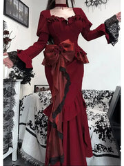 LIZAKOSHT  -  Gothic French Hepburn Style Retro Velvet Dress for Women's New Spring Design Y2K Dark Vintage Punk High Waist Long Dresses