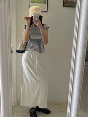 LIZAKOSHT - Casual Women Beige Skirts Summer Sweet High Waist Drawstring Skirts Solid Color Female Chic Bottoms