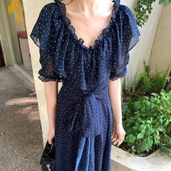 LIZAKOSHT - Women Dresses V Neck Polka Dot Ruffles Spring Summer Elegant Long Dress Korean Fashion Vintage Sweet Vestidos Mujer