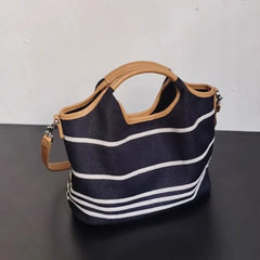LIZAKOSHT - Retro Blue Stripe Handbag Women Color Block Large Capacity Shoulder Bags Ladies Fashion Casual Versatile Commute Crossbody Bags