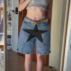 LIZAKOSHT - Denim Short Pants Five-Pointed Star Patch Knee Length Mid Waist Patchwork Pockets Print Washing 2024 Streetwear Women Jeans
