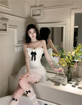 LIZAKOSHT  -  Y2k Lace Strapless Bow Dress for Women 2025 Summer New Slim Fit Cake Dresses Y2k Slim Waist A-line White Vestido Feminino