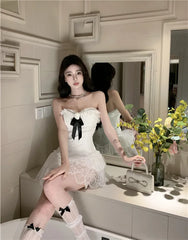 LIZAKOSHT - Y2k Lace Strapless Bow Dress for Women 2025 Summer New Slim Fit Cake Dresses Y2k Slim Waist A-line White Vestido Feminino