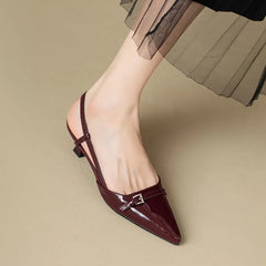 LIZAKOSHT New Summer Women's Dress Shoes Pointed Toe Sandals Buckle Slingbacks Mid Heels Pumps Patent Leather Slip on Zapatos Mujer 1446N