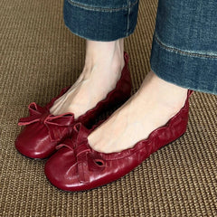 LIZAKOSHT - Red Bow Pleated Design Brand Ballet Flat Shoes Women Retro Round Toe Shallow Mary Jane Shoes Comfortable Moccasin Casual Shoes