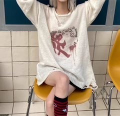 LIZAKOSHT - Subculture Punk Harajuku Girl Knitted Sweater Loose Long Sleeve Sweaters Spring Autumn 2024 Women Beige Casual Sweaters