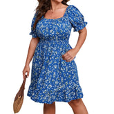 LIZAKOSHT  -  Women s Elegant V-Neck Ruffle Sleeve Floral Print Mini Dress Off Shoulder Short Flowy A-Line Dress Casual Summer Dress