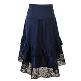LIZAKOSHT - Fashion Vintage Women Gothic Steampunk Skirt Black Lace Patchwork Button Asymmetrical High Low Retro Midi Skirt