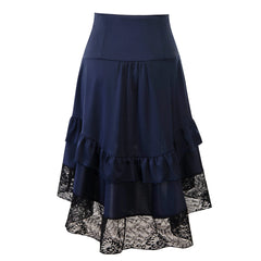 LIZAKOSHT - Fashion Vintage Women Gothic Steampunk Skirt Black Lace Patchwork Button Asymmetrical High Low Retro Midi Skirt