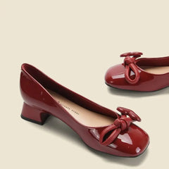 LIZAKOSHT - Shoes for Women Low Heel Elegant Ladies Summer Footwear Normal Leather Casual Square Toe with Bow Red Genuine Mark Fashion