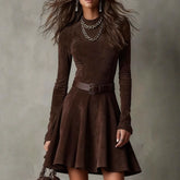 LIZAKOSHT - American Style Women's Mini Dress Solid Long Sleeve High Neck A-Line Party Dress Autumn Winter Slim High Street Dresses