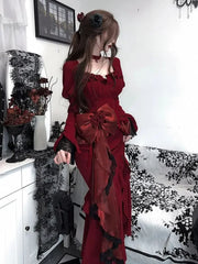 LIZAKOSHT  -  Gothic French Hepburn Style Retro Velvet Dress for Women's New Spring Design Y2K Dark Vintage Punk High Waist Long Dresses