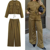 LIZAKOSHT - Spring and Autumn American Retro Three-dimensional Pocket Jacket High Waist Straight Pants Women's Suit
