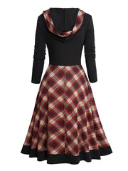 LIZAKOSHT - Women's Spring Winter Dresses Hooded Plaid Panel Lace Up Long Sleeve Midi Dress New