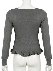 LIZAKOSHT - Casual Sweet Patchwork Dot Bow T Shirt Slim Square Collar Long Sleeve Tees Women Autumn Spring Fashion Streetwear