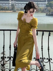 LIZAKOSHT - Summer Green Square Collar France Style Party Dress Women Puff Sleeve High Waist Holiday Beach Dress Ruffle vintage Dress