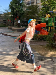 LIZAKOSHT  -  Y2k Kawaii Sweet High Waist Wide Leg Pants Women American Retro Trendy Design Streetwear Graffiti Print Oversized Jeans