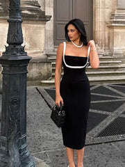 LIZAKOSHT - Fashion Pearl Patchwork Sling Dresses Women Elegant Solid Square Neck Sleeveless Slim Dress 2024 Lady Fashion Party Gown Robes