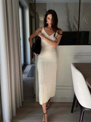 LIZAKOSHT  -  Knitted Tube Long Dress For Women Hollow Out V-neck Sleeveless Waist Cinching Slip Robe 2025 Autumn Elegant Female Party Dresses