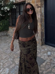 LIZAKOSHT - Fashion Print Long Skirt Women High Waist Ankle-length Loose Swing Skirt 2025 Summer Fashion Female Vacation Streewear Outerwear