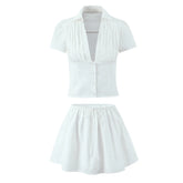 LIZAKOSHT - Women Y2k Casual 2 Piece Set Button Up Shirt French Style Short Sleeve T Shirt High Waist Mini Skirt Korean Suits