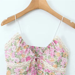 LIZAKOSHT - Europe and America Sexy Deep V-neck Lace Stitching Floral Small Suspenders Summer New Slim Holiday Vest Women