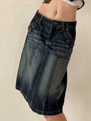 LIZAKOSHT - Vintage Blue Straight Denim Skirt Women American Retro Aesthetic Chic Stitch Cargo Mid Skirts Y2K Streetwear Grunge New