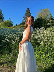 LIZAKOSHT - Elegant Backless Women White Sleeveless Midi Dress Fashion Slim O-neck Pleated Hem A-line Dresses Summer Female Chic Party Robes