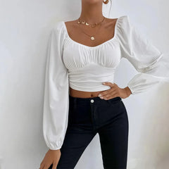 LIZAKOSHT - Women New Casual Party Vacation Waist Long Sleeve Women T-Shirt Super Short Top