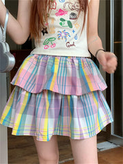 LIZAKOSHT - Rainbow Plaid Mini Skirts Preppy Style Women Slim Chic Sweet Party Summer 2024 High Street Daily Casual Gentle