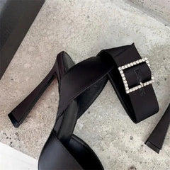 LIZAKOSHT - Sexy Fine High Heels Women Pointed Designer Sandals Ankle Strap Rhinestone Square Buckle Sling Back Pumps Sandalias Mujer