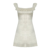 LIZAKOSHT - Women Elegant Lace Ruffles Trim Square Collar Sundress White Sleeveless A-line Short Dress Summer High Street Outfits