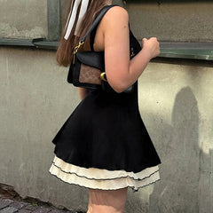 LIZAKOSHT  -  Elegant Ruffles Tiered Layer Dress Casual Contrast Color Backless A-line Mini Dress Gentle Sweet Dresses Summer Outfits