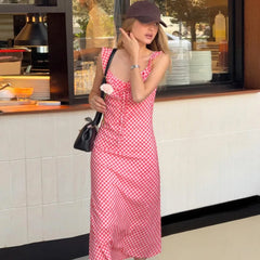 LIZAKOSHT  -  Sexy V-neck Plaid Print Fashion Maxi Dress For Women Spaghetti Patchwork Sleeveless Vacation Long Dress Elegant Vestido