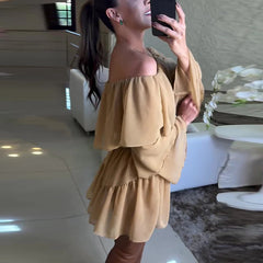 LIZAKOSHT - Autumn Retro Long Flare Sleeve A-line Dress Women 2024 One Shoulder Ruffles Patchwork Mini Dress All Match Elastic Party Dress