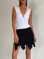 LIZAKOSHT - Patchwork Lace Front Tie Up Tank Tops for Women Summer Slim Fit V Neck Sleeveless Crop Tops Y2K Vintage Female Camis Club Street