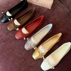 LIZAKOSHT - Luxury Glitter Sequins Bowtie Ballets Shoes Ladies Square Toe Silver Flats Woman Slip On Moccasins Female Soft Soled Ballerinas