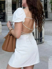 LIZAKOSHT - Sexy Ruched Chest Square Collar Puff Sleeve Cross Lacing up Big Backless Dress Women Mini Party Dresses Holiday Robe White