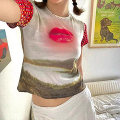 LIZAKOSHT - Subcultural Fashion Printed Round Neck Short Sleeved Top 2024 Summer New Spicy Girl Slim Fit Show Navel T-shirt Trendy