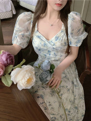 LIZAKOSHT - Korean Floral Dress Women Elegant Square Collar Woman Dresses Fashion Puff Sleeve Holiday Dresses Ladies Fairy Sundress Vestidos